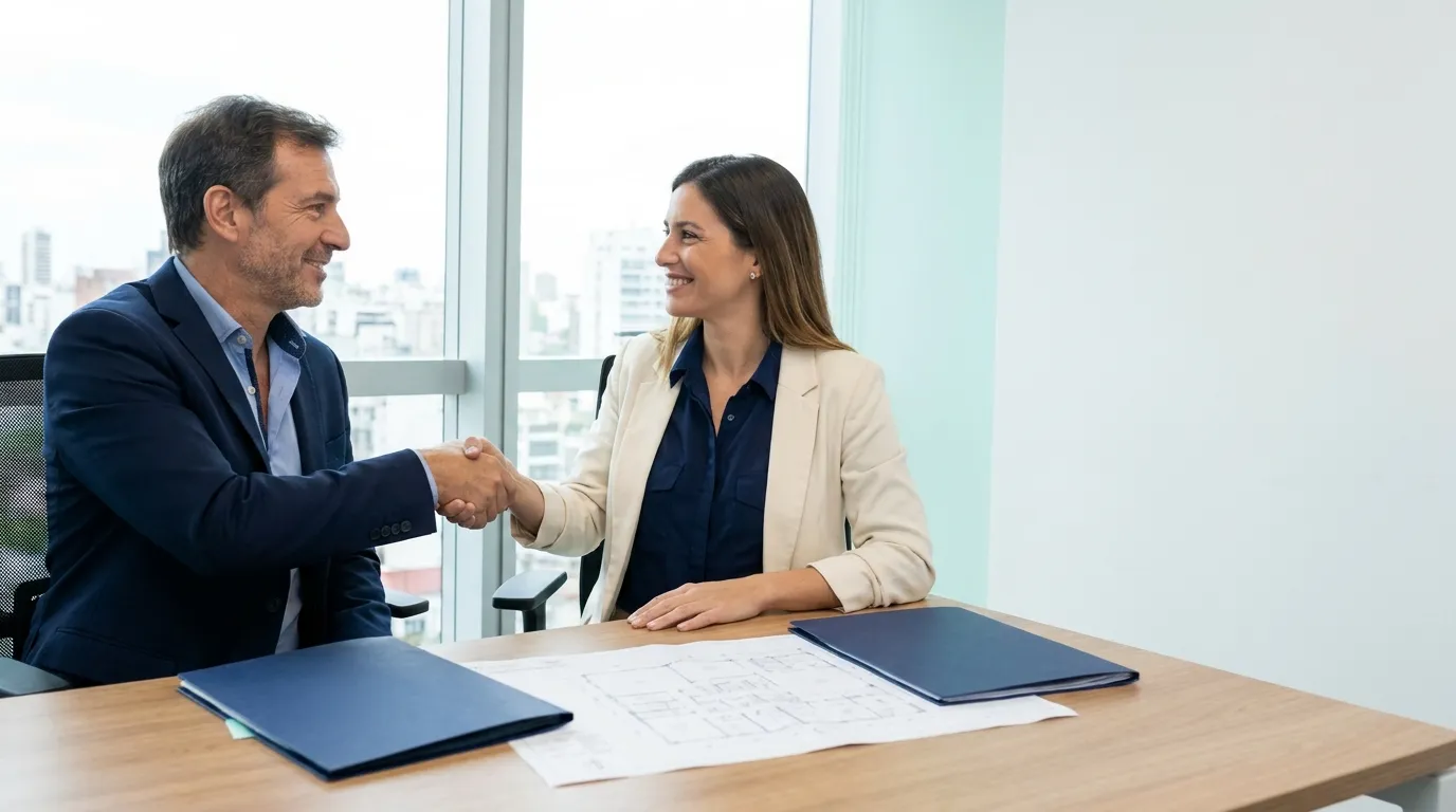 Dos socios de una empresa familiar estrechándose la mano en una oficina